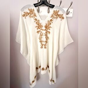 Elegant White and Gold Embroidered Women's Poncho Top